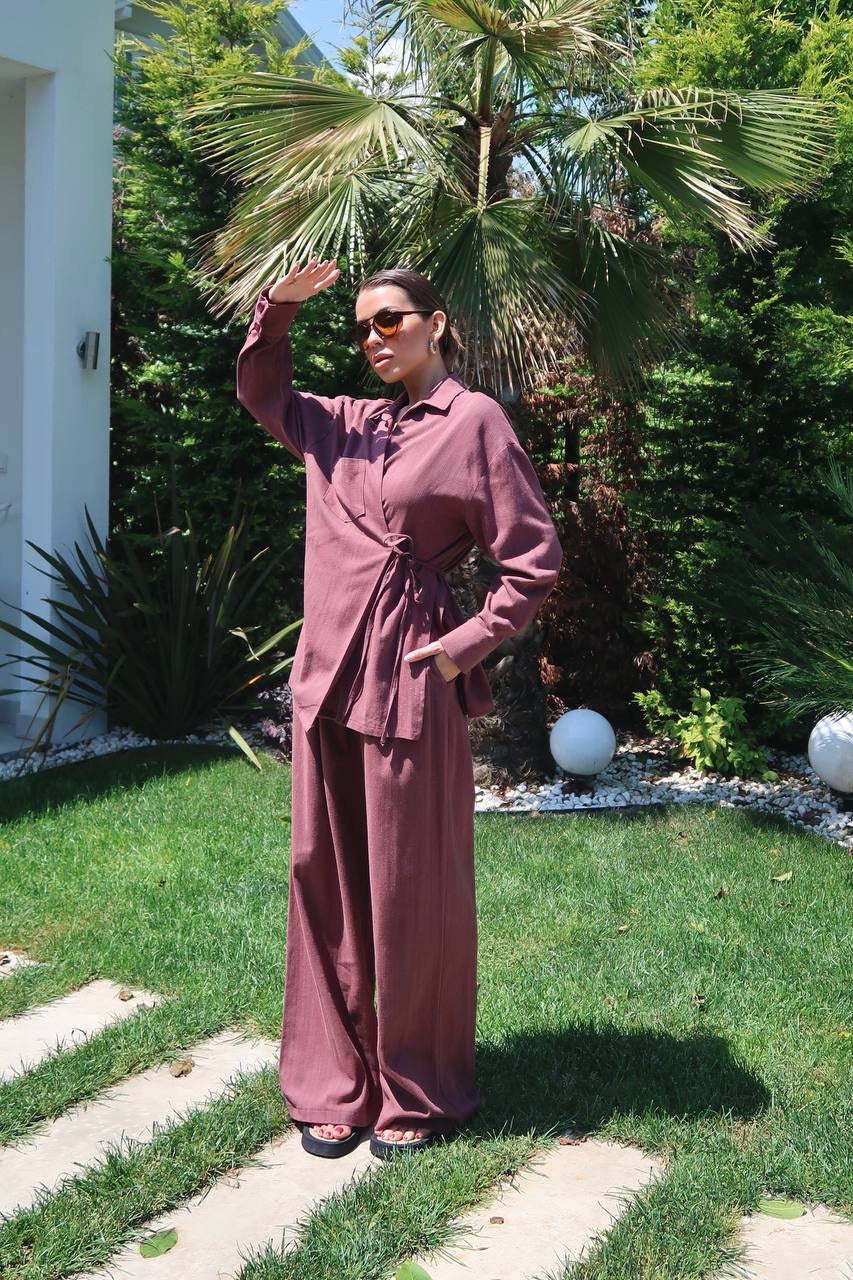 طقم قميص مع بنطلون عنابي - KP1291