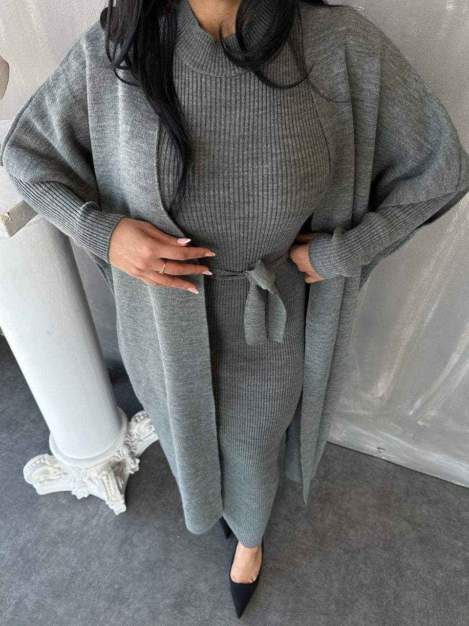 طقم رمادي فستان مع جرزة - KP1433