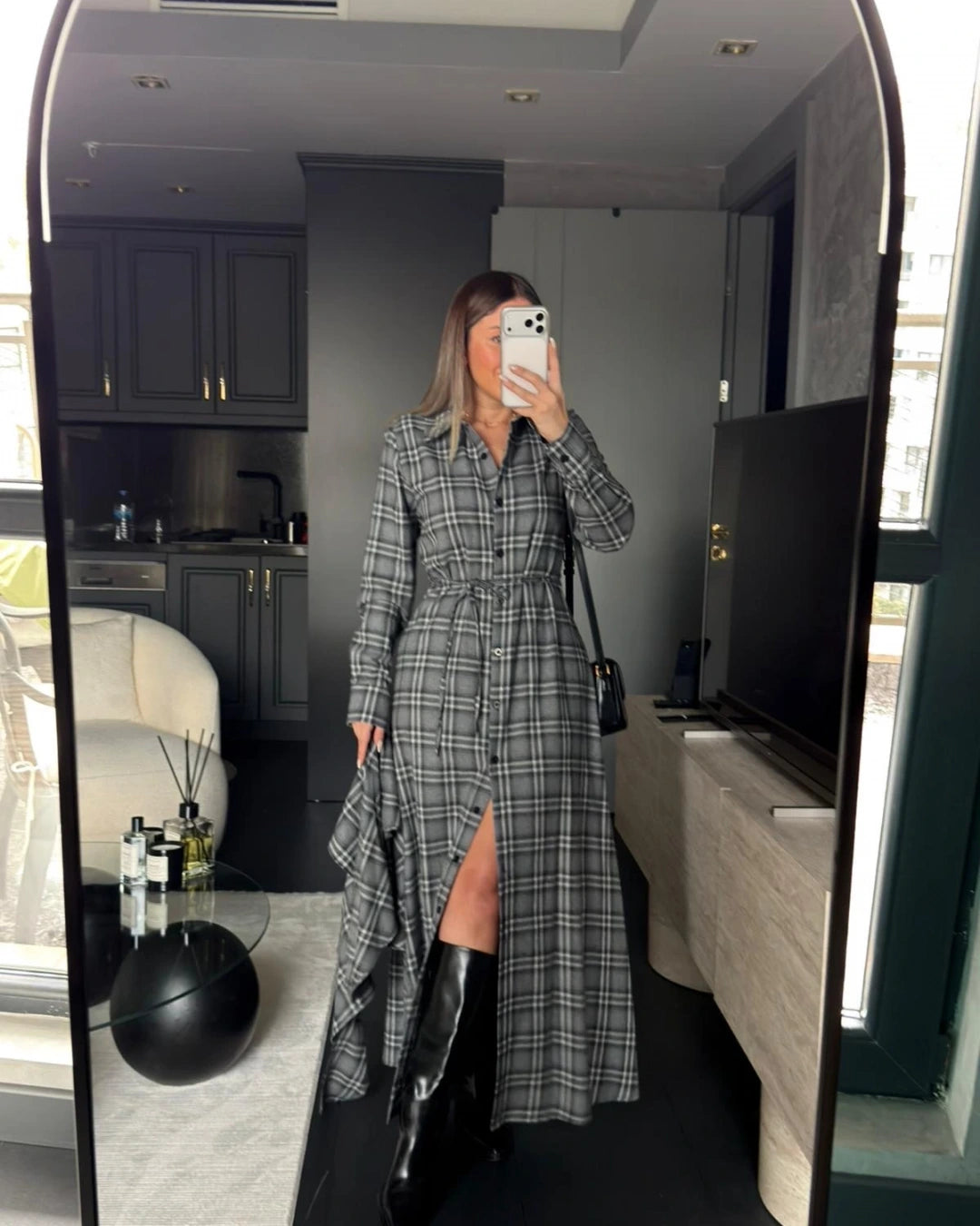 فستان كاروهات رمادي - KP2240