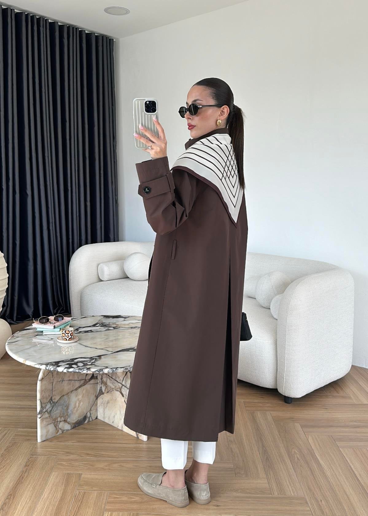 جكيت ترنش بني مع شال - KP7087