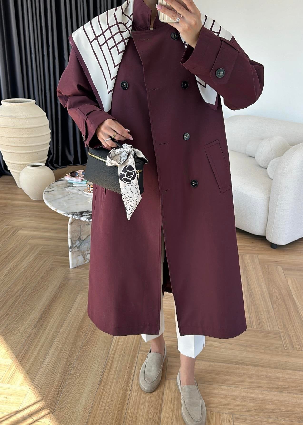 جكيت ترنش خمري مع شال - KP7087