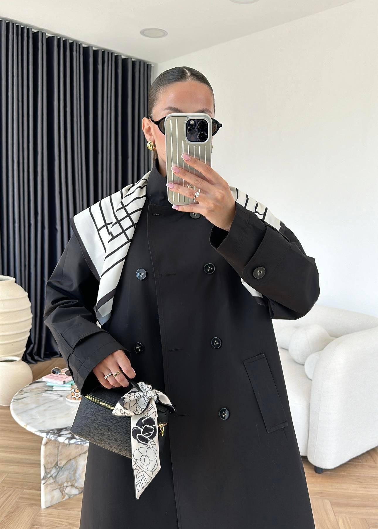 جكيت ترنش اسود مع شال - KP7087