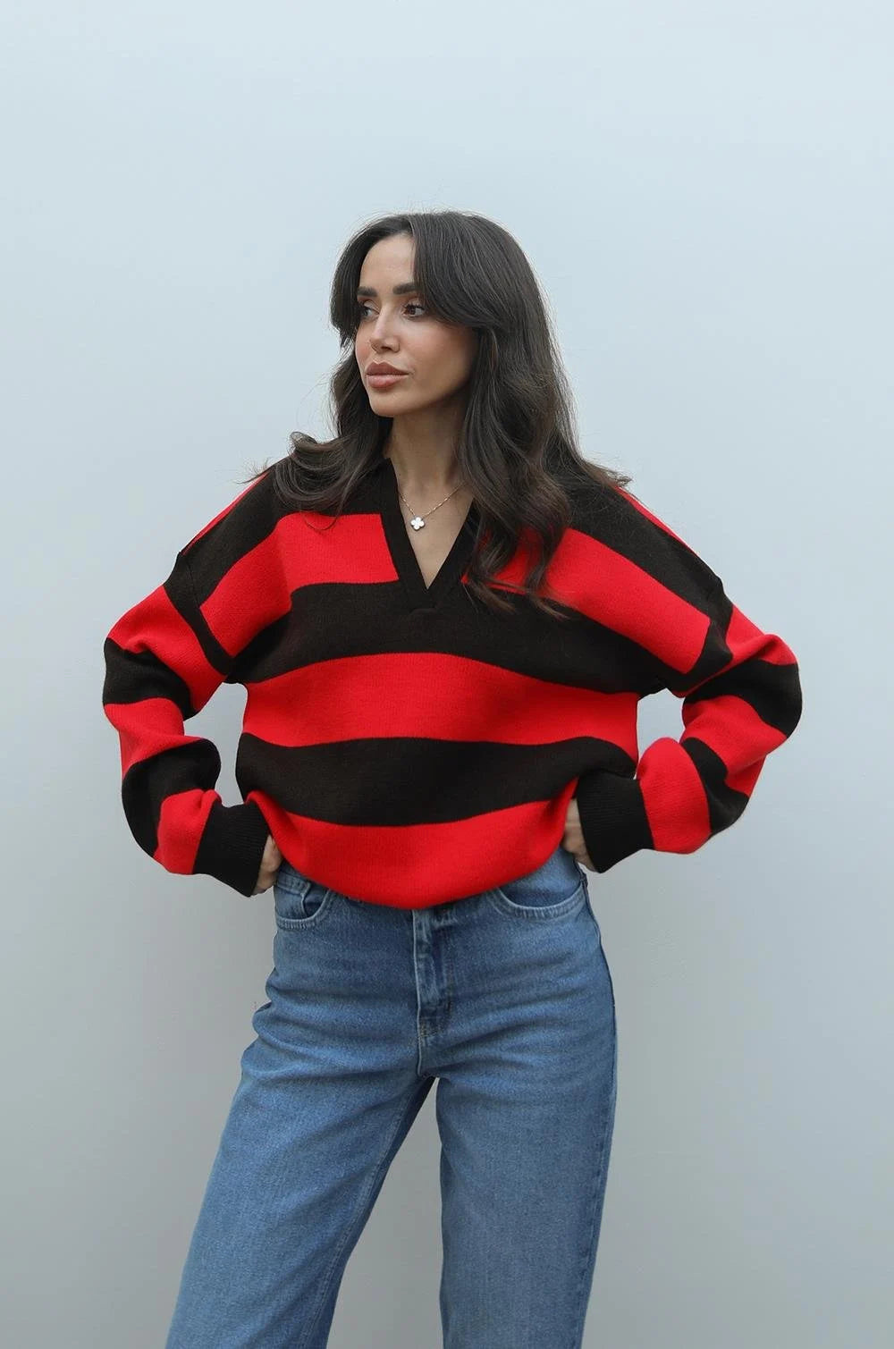 بلوزة مخططة بني واحمر - KP4363