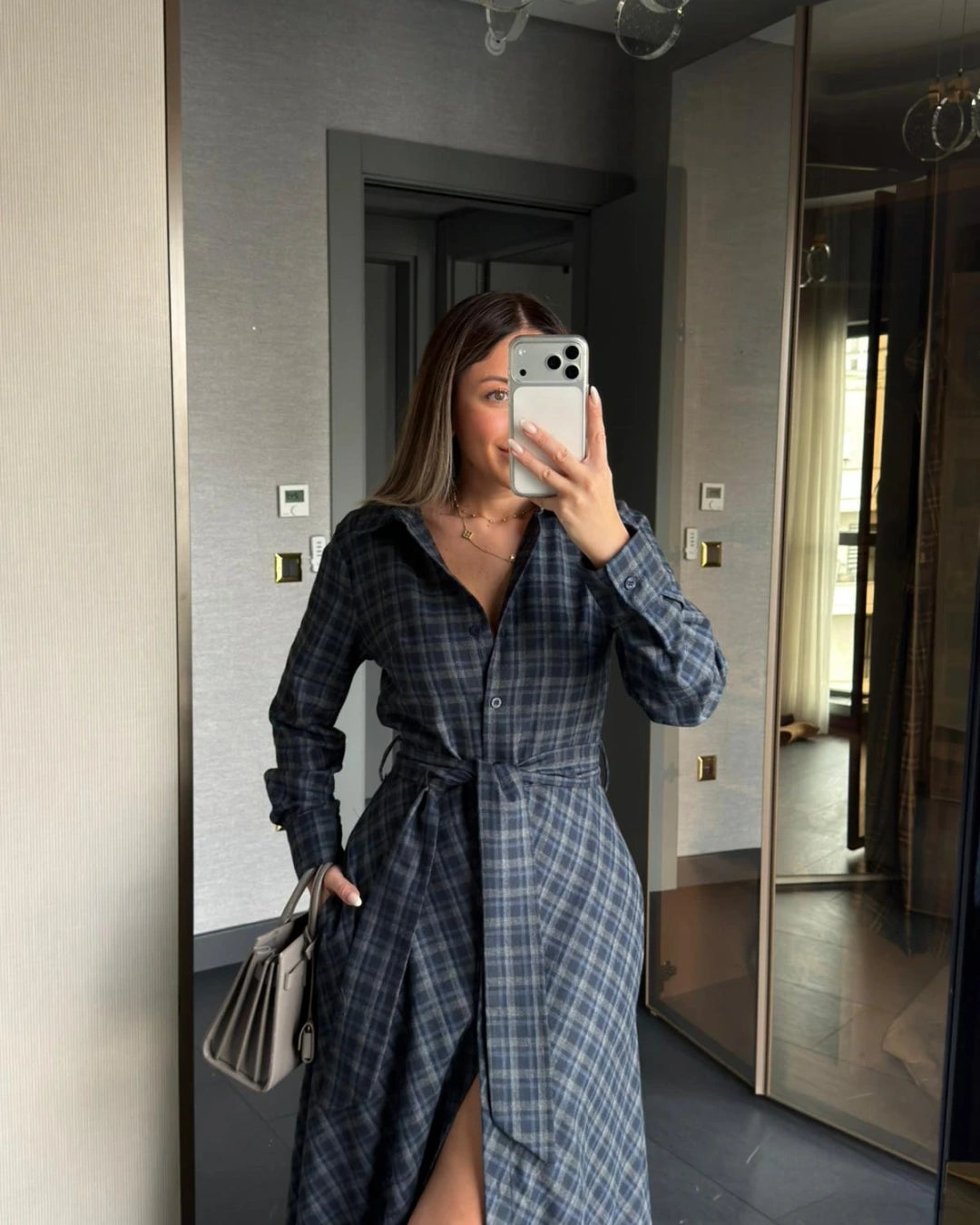 فستان كاروهات كحلي ورمادي - KP2240