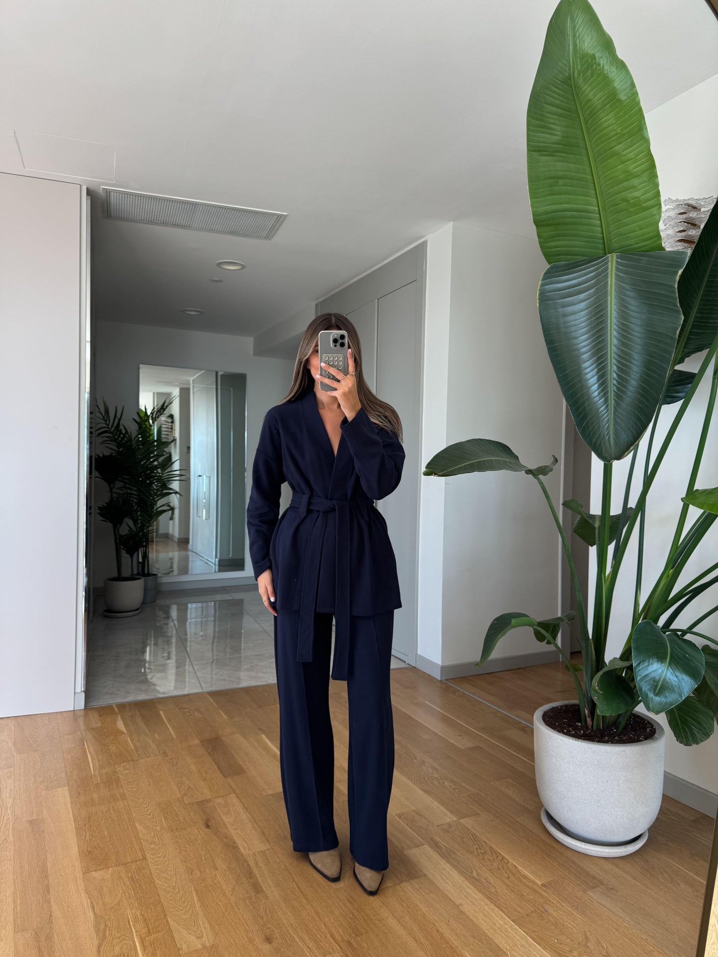 طقم كحلي كيمونو بحزام مع بنطلون - KP1440