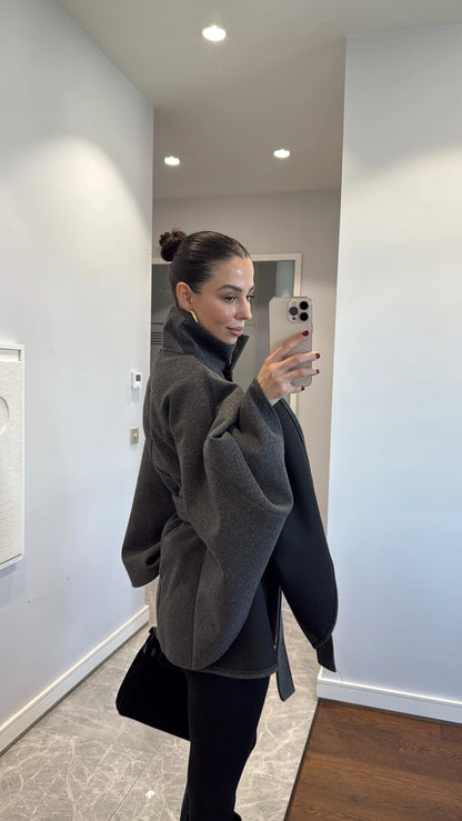 جكيت بقبة مع ربطة رمادي - KP7086