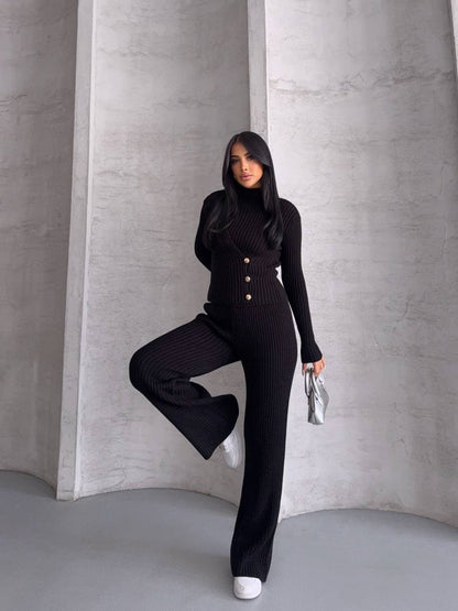 طقم اسود بلوزة بأزرار مع بنطلون - KP1394