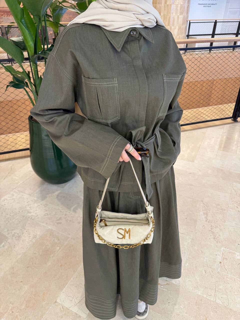 طقم جينز زيتي قميص مع تنورة - KP1426