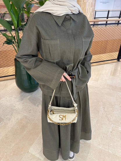 طقم جينز زيتي قميص مع تنورة - KP1426