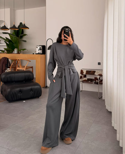 طقم بلوزة ربط مع بنطلون رمادي - KP1396