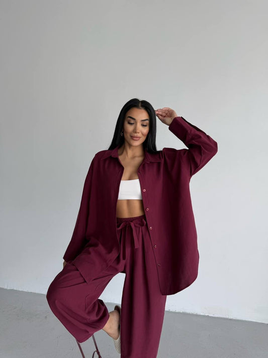 طقم قميص مع بنطلون خمري - KP1297
