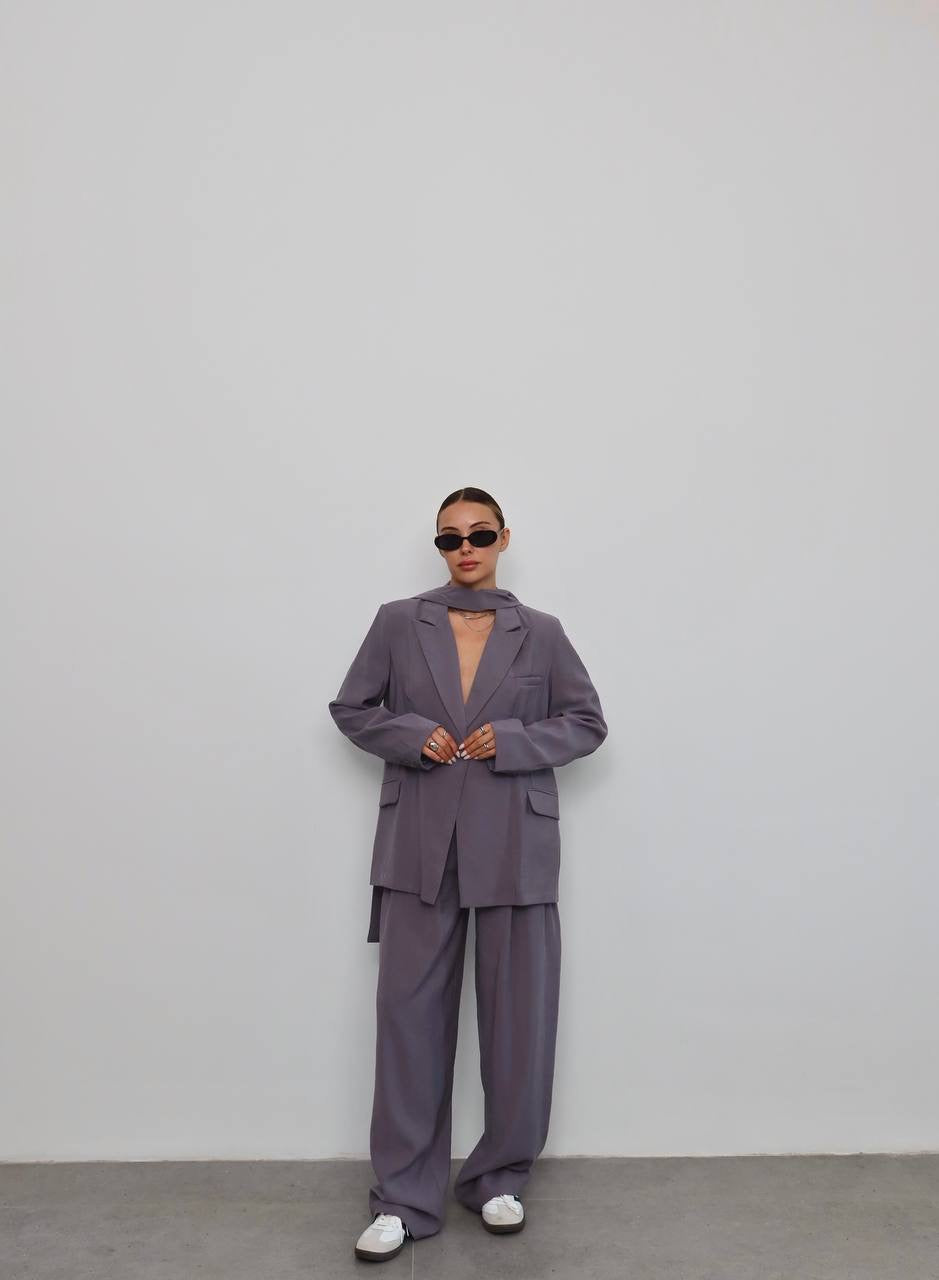 طقم بليزر بربطة مع بنطلون رمادي - KP1360