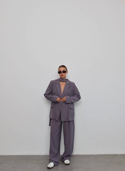 طقم بليزر بربطة مع بنطلون رمادي - KP1360