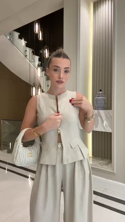 طقم ڤيست بسحاب وبنطلون بيج - KP1350