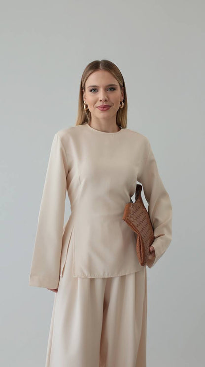 طقم بلوزة مع بنطلون بيج - KP1406