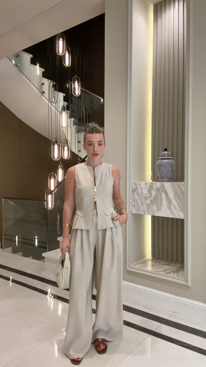 طقم ڤيست بسحاب وبنطلون بيج - KP1350