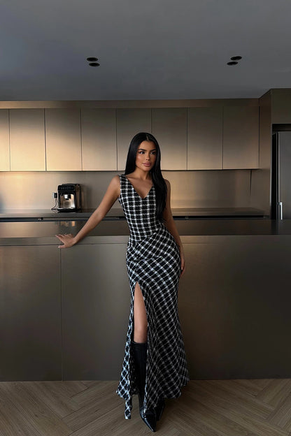 فستان كاروهات ابيض واسود - KP2249