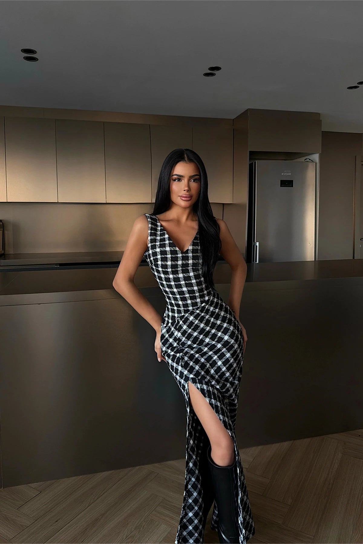 فستان كاروهات ابيض واسود - KP2249