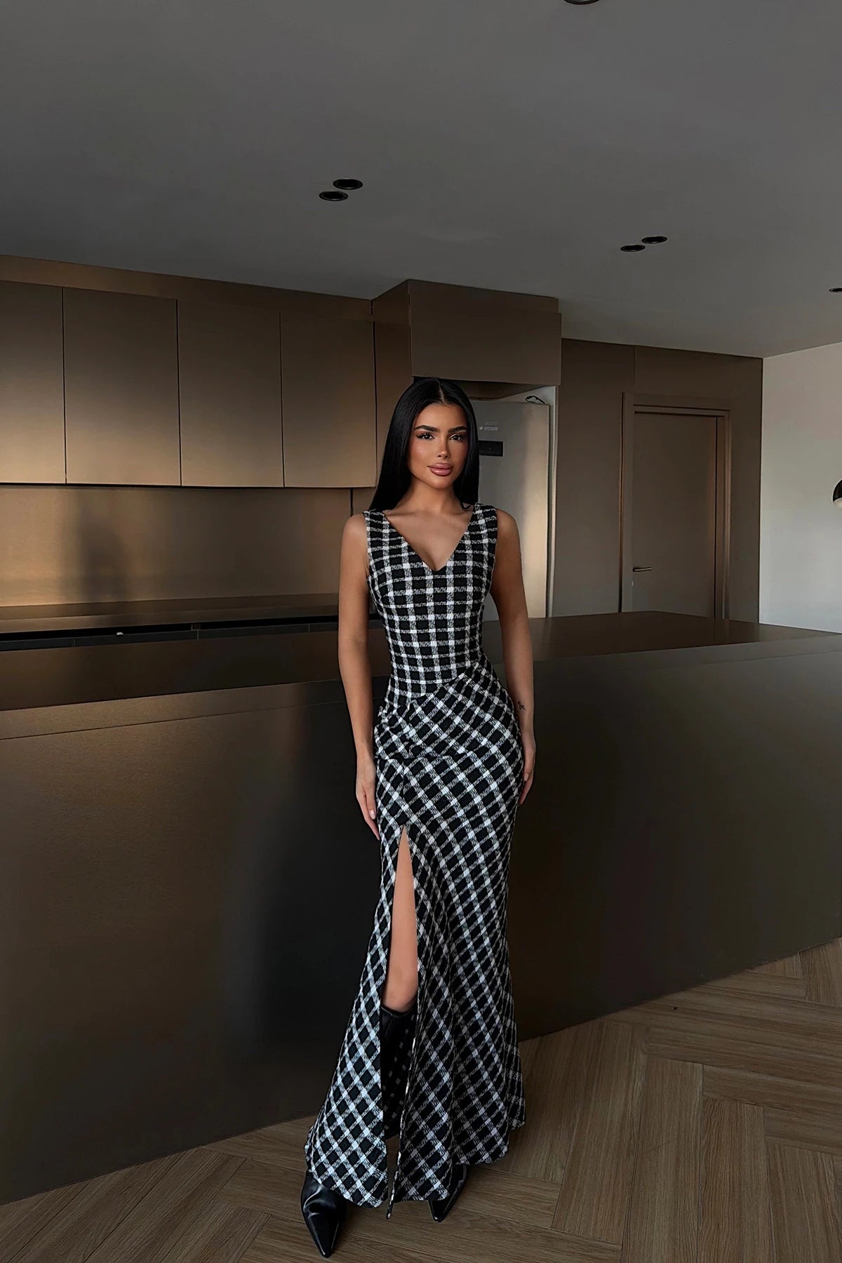 فستان كاروهات ابيض واسود - KP2249