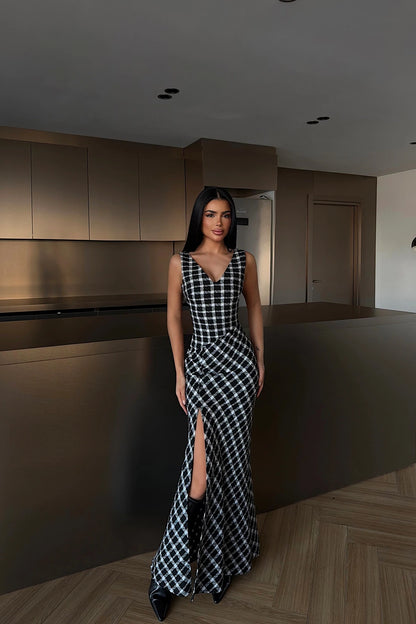 فستان كاروهات ابيض واسود - KP2249