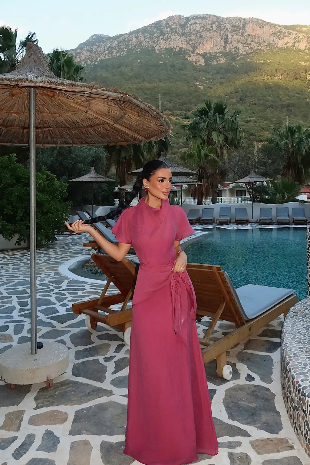 فستان مع شال خمري - KP2341