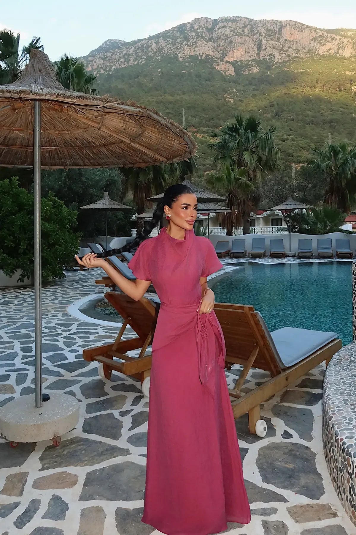 فستان مع شال خمري - KP2341