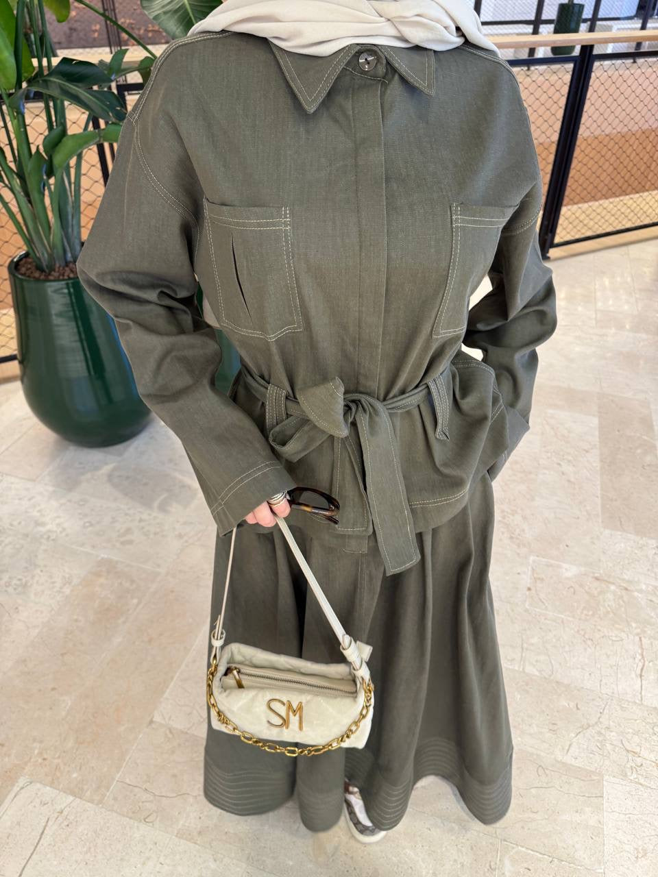 طقم جينز زيتي قميص مع تنورة - KP1426