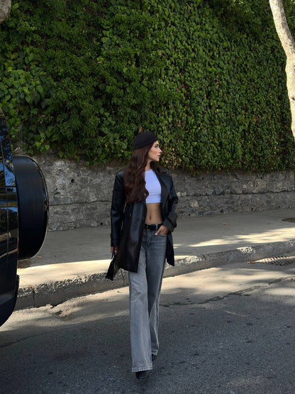 جكيت ترنش اسود جلد - KP7088