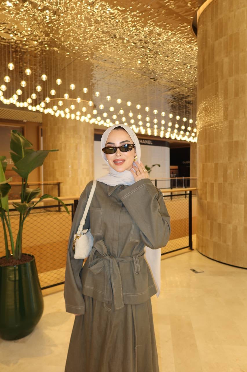 طقم جينز زيتي قميص مع تنورة - KP1426