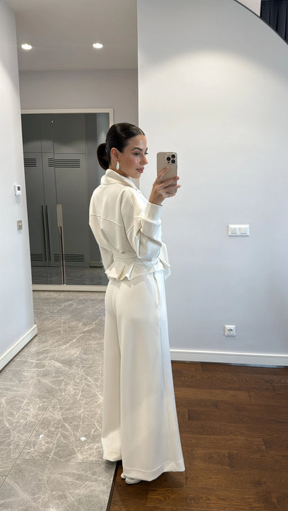 طقم ابيض جكيت بحزام مع بنطلون - KP1414