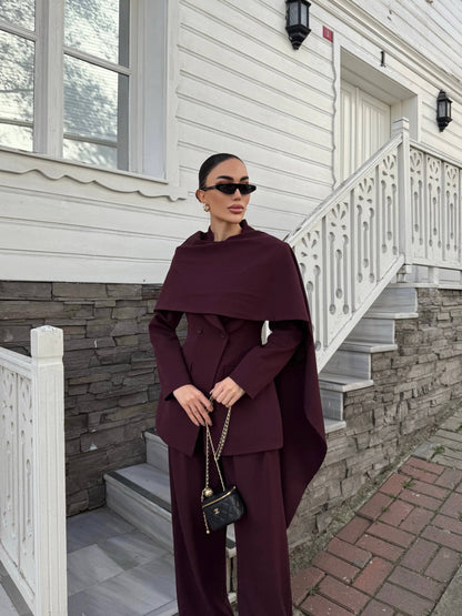 طقم بليزر مع لفحة وبنطلون عنابي - KP1463