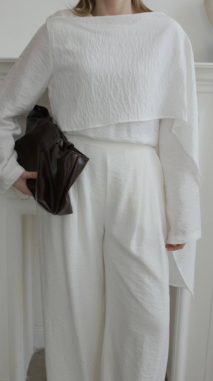 طقم بلوزة بشال مع بنطلون ابيض - KP1551