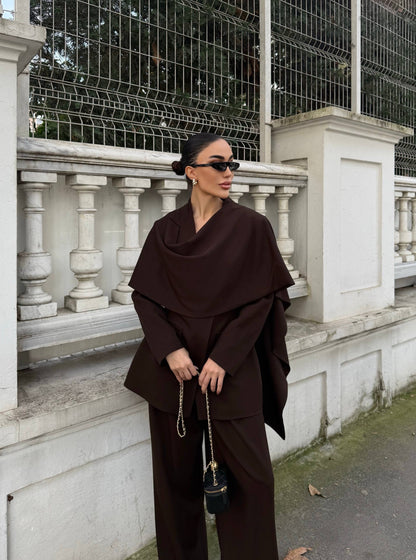 طقم بليزر مع لفحة وبنطلون بني - KP1463