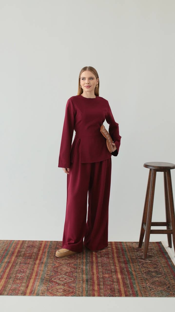 طقم بلوزة مع بنطلون خمري - KP1406