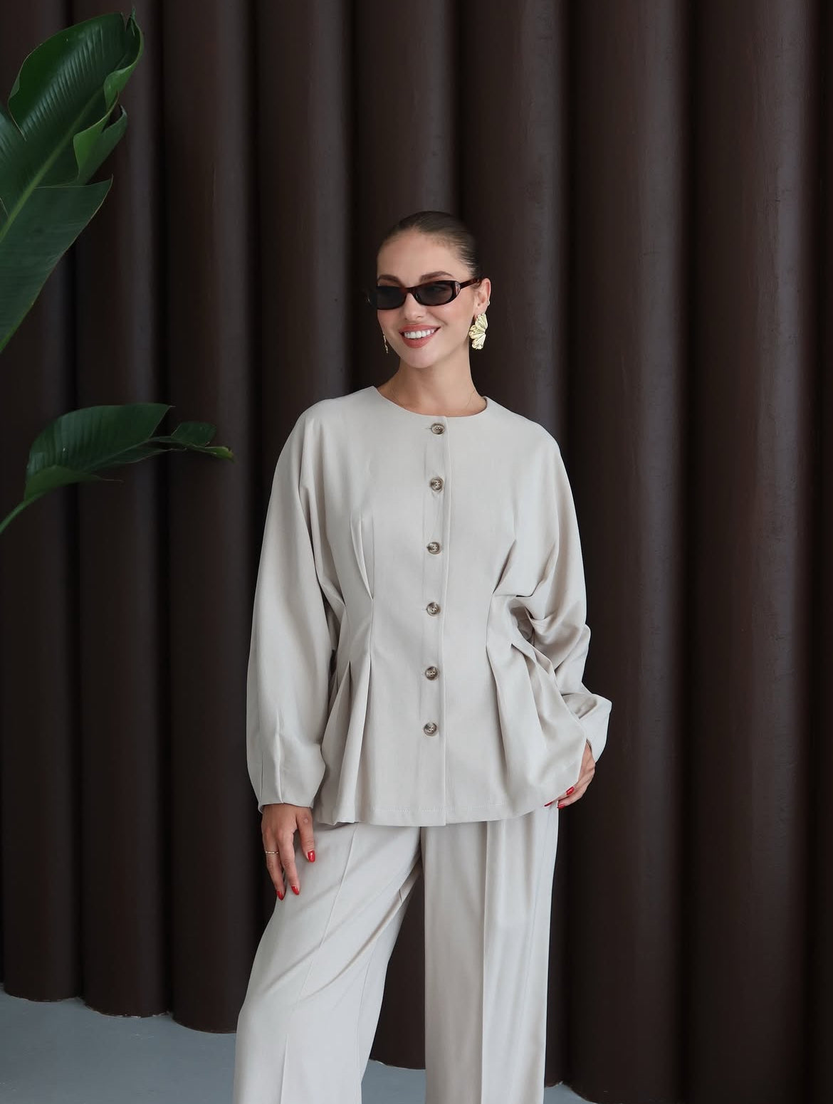 طقم جكيت مخصر مع بنطلون بيج - KP1344