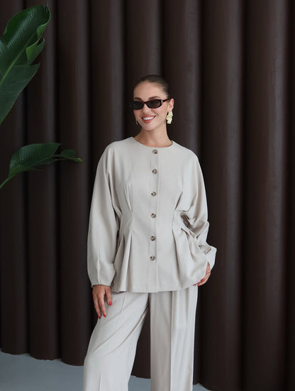 طقم جكيت مخصر مع بنطلون بيج - KP1344