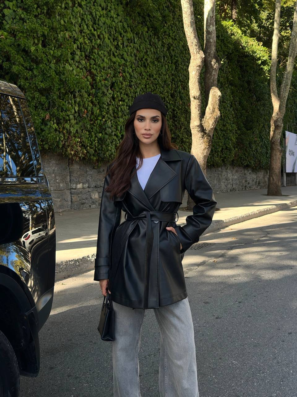 جكيت ترنش اسود جلد - KP7088