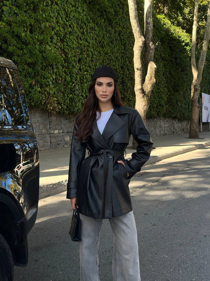 جكيت ترنش اسود جلد - KP7088