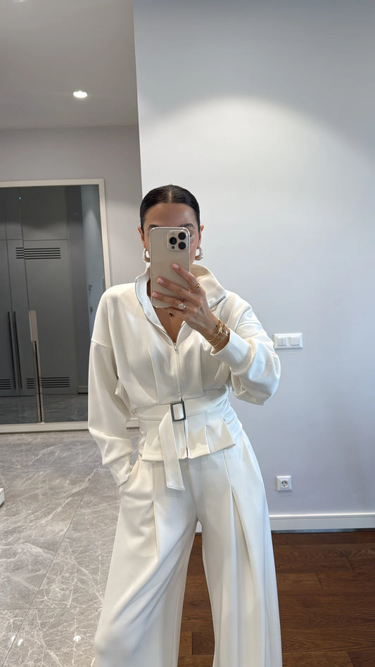 طقم ابيض جكيت بحزام مع بنطلون - KP1414