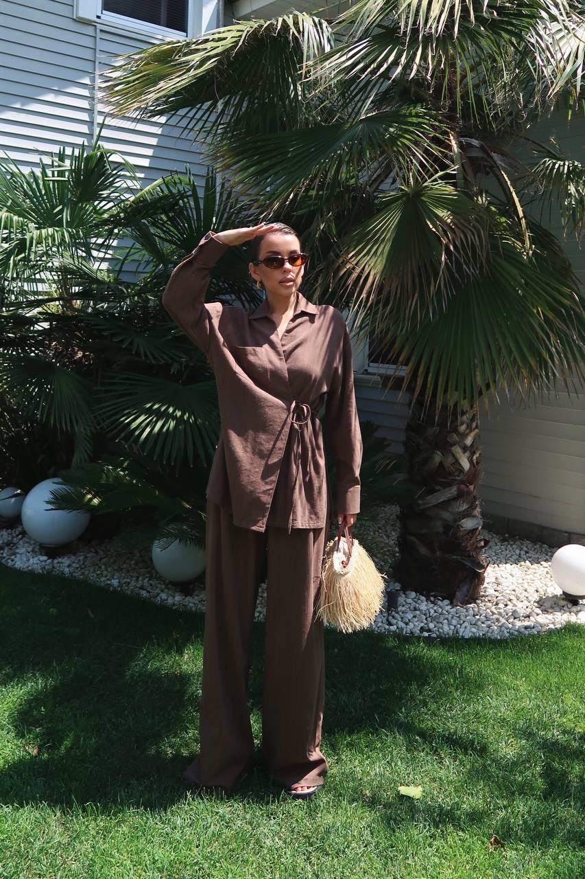 طقم قميص مع بنطلون بني - KP1291