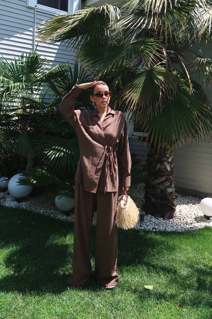 طقم قميص مع بنطلون بني - KP1291