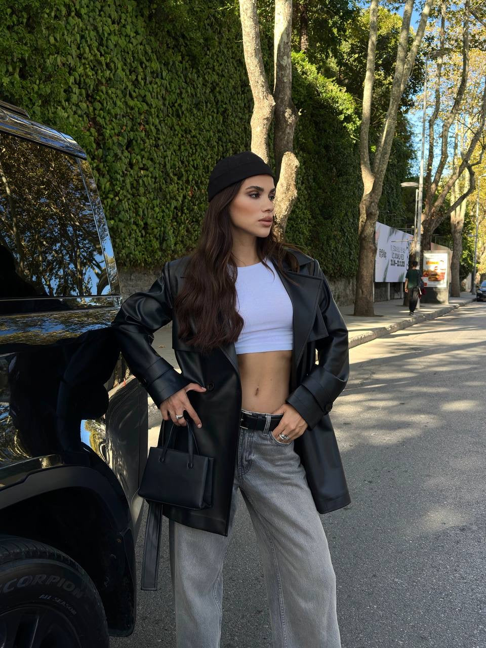 جكيت ترنش اسود جلد - KP7088