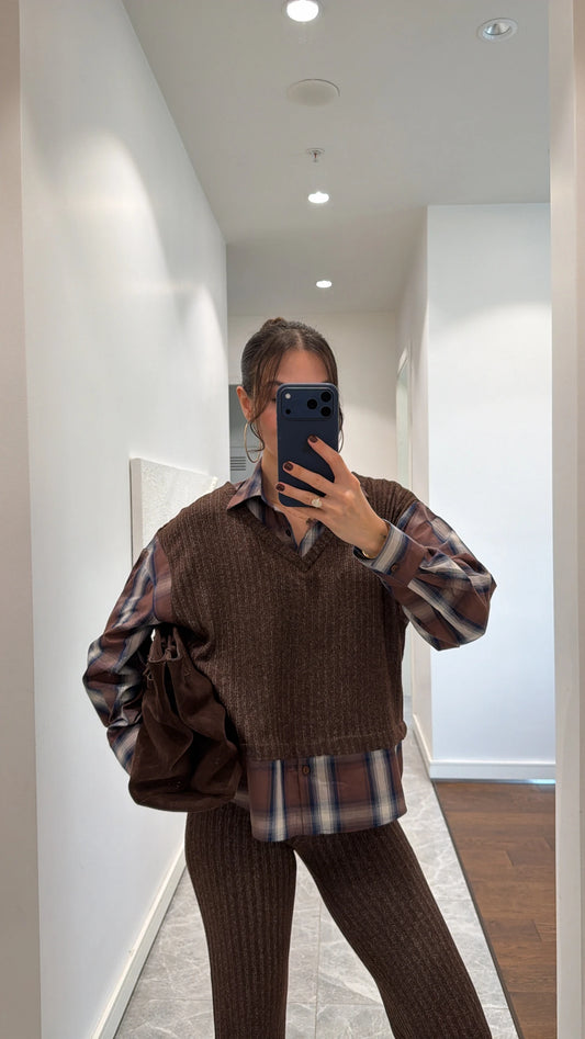 طقم بني كاروهات - KP1454