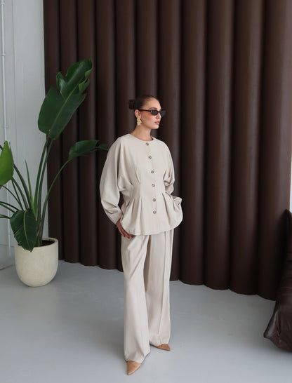 طقم جكيت مخصر مع بنطلون بيج - KP1344