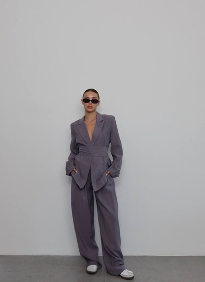 طقم بليزر بربطة مع بنطلون رمادي - KP1360