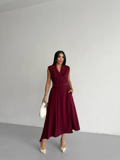 فستان خمري بحزام - KP2175