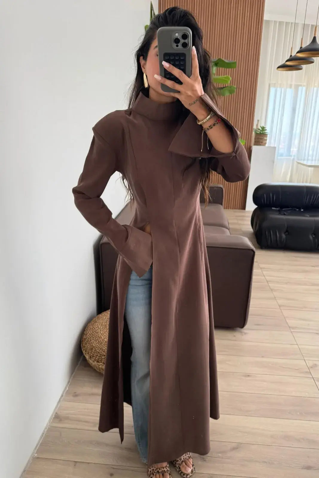 بلوزة ربط طويلة بني - KP4536