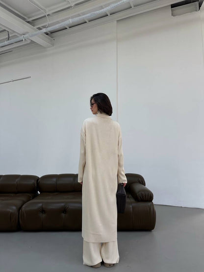 طقم بلوزة قبة عالية مع بنطلون بيج - KP1364