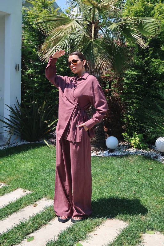 طقم قميص مع بنطلون عنابي - KP1291