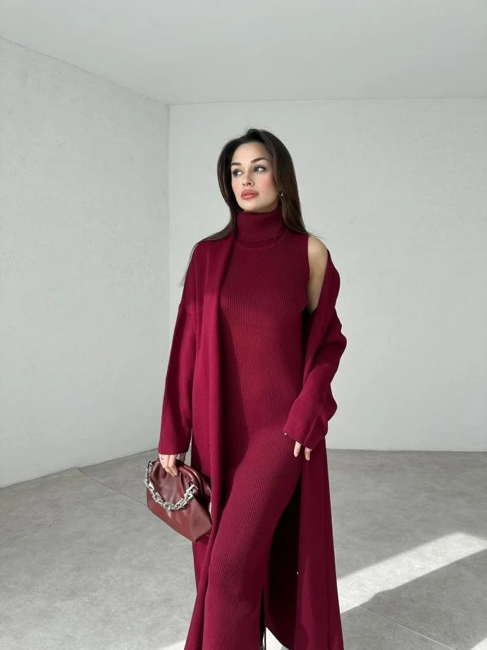 طقم فستان مع جرزة خمري - KP1130